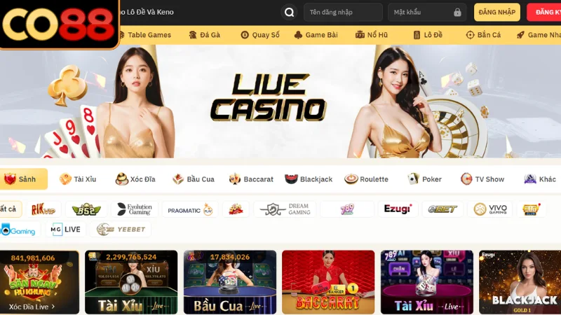 Sảnh Live Casino Co88 cho phép trải nghiệm đỏ đen hấp dẫn